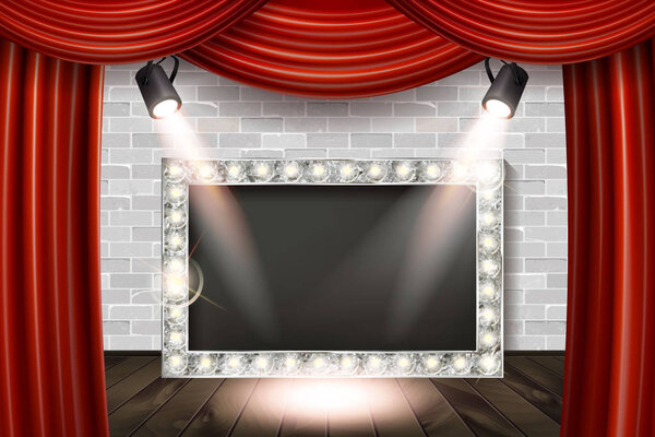 Деревянная сцена с красным занавесом и белой кирпичной стеной и серебряной винтажной рамой. Освещается прожекторами. Векторная иллюстрация
