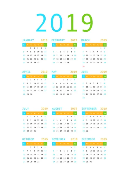 Kalender Sjabloonontwerp 2019 Week Begint Zondag Vectorillustratie — Stockvector