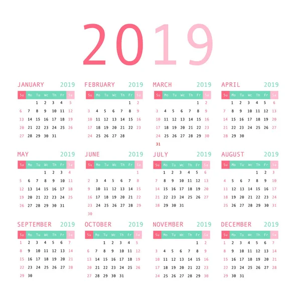 Calendar Template Design 2019 Week Starts Sunday Vector Illustration — Stock Vector
