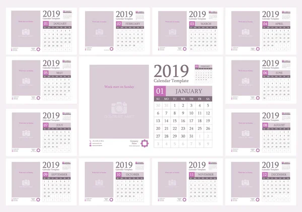 Kalendarzowy 2019 Projekt Szablonu Ustaw Kalendarz Biurko Miejscem Logo Firmy — Wektor stockowy