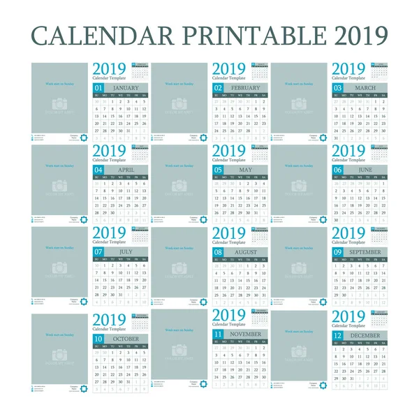 Kalendář 2019 Design Šablony Set Stolní Kalendář Místem Pro Fotografie — Stockový vektor
