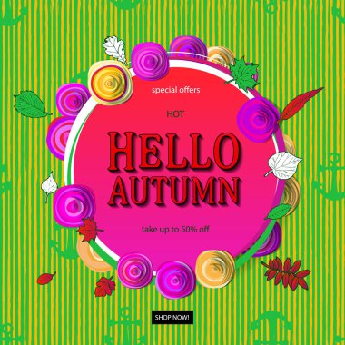 Sonbahar Satılık el ilanı şablonla yazı. Parlak yaprakları düşer. Poster, kart, etiket, banner tasarımı. Parlak geometrik arka plan. Vektör çizim Eps10