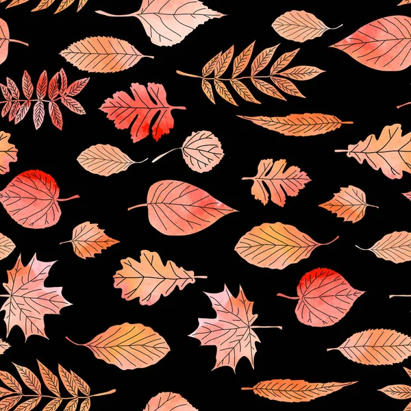 Naadloze Patroon Met Autumn Leaves Tekening Door Aquarel Hand Getrokken — Stockvector