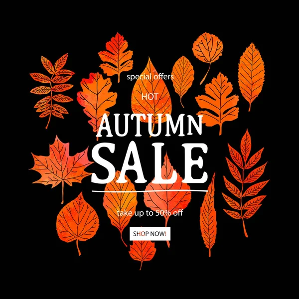 Herbstlaub Wasserfarbe Textur Herbstblatt Verkauf Schriftzug Design Vektorabbildung Eps10 — Stockvektor