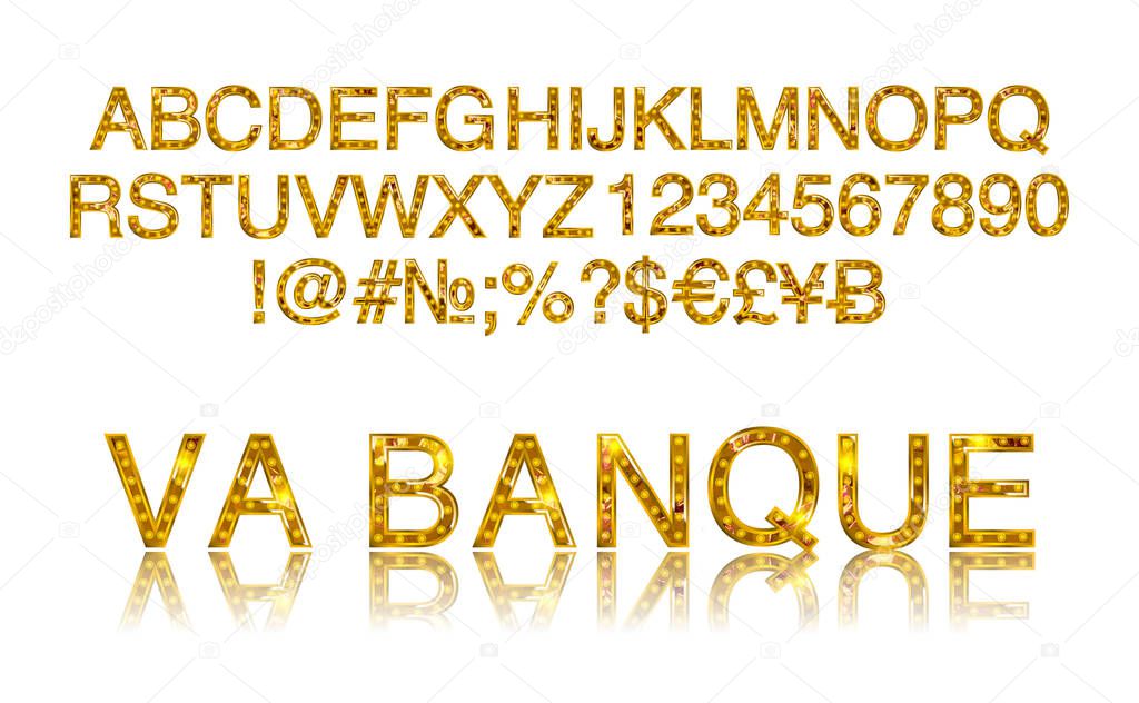 Vegas Casino or Retro Broadway Style Night Font. Gold and Red colored vector alphabet. Vector illustration