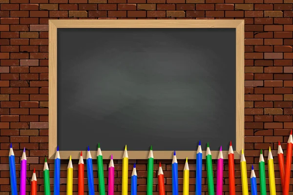 Colored Pencils Black School Board Background Vector Illustration Brick Wall — Stock Vector