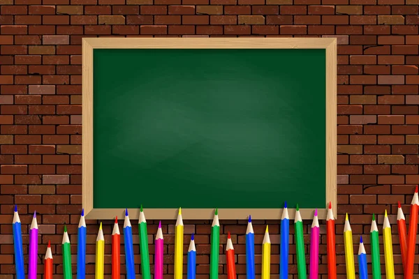 Barevné Tužky Pozadí Zelené Školní Rady Vektorové Ilustrace Cihlová Zeď — Stockový vektor