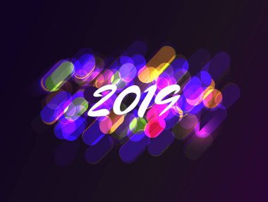 Mutlu yeni yıl 2019 Neon kızdırma ve renkli Modern geometrik öğelerle vektör çizim