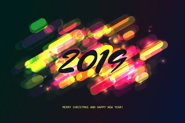 Vector Illustration Happy New Year 2019 Neon Glow Colorful Modern — Stock Vector