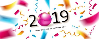 Bir sayı 2019, gerçekçi yıldız, toplar ve kıvırcık altın hediye şeritler ile parlak yeni yıl arka plan. Let s kutlayın sloganı ve Noel ışıkları ile bir başlık. Vektör çizim