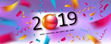 Bir sayı 2019, gerçekçi yıldız, toplar ve kıvırcık altın hediye şeritler ile parlak yeni yıl arka plan. Let s kutlayın sloganı ve Noel ışıkları ile bir başlık. Vektör çizim