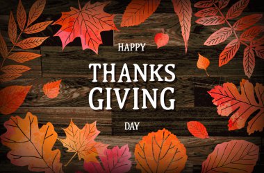 Sonbahar akçaağaç yaprakları ve eski ahşap artalan üzerinde meyveleri. Şükran günü tebrik kartı ile el yazısı mutlu Şükran günü. Şükran günü kavramı. Vektör çizim