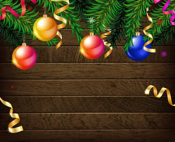 Χριστούγεννα Φόντο Χριστουγεννιάτικο Έλατο Και Στολίδια Ξύλινα Φόντο Top View — Διανυσματικό Αρχείο