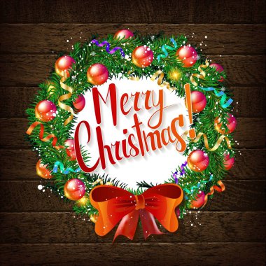 Çam dalları, koniler, koyu ahşap arka plan üzerinde kırmızı süslemeleri Noel çelenk. Noel ve mutlu yeni yıl kompozisyon. Vektör çizim