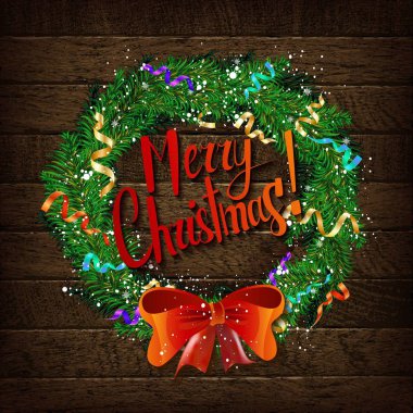 Çam dalları, koniler, koyu ahşap arka plan üzerinde kırmızı süslemeleri Noel çelenk. Noel ve mutlu yeni yıl kompozisyon. Vektör çizim