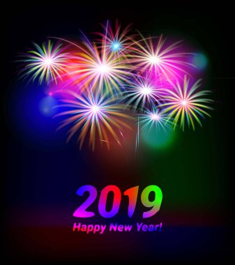 2019, mutlu yeni yıl. Tebrik kartı ile yazıt mutlu yeni yıl 2019. Memphis geometrik parlak stil mutlu yeni yıl ve mutlu Noeller. Tatil arka plan, afiş, poster. Vektör çizim