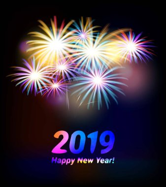 2019, mutlu yeni yıl. Tebrik kartı ile yazıt mutlu yeni yıl 2019. Memphis geometrik parlak stil mutlu yeni yıl ve mutlu Noeller. Tatil arka plan, afiş, poster. Vektör çizim