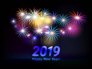 2019, mutlu yeni yıl. Tebrik kartı ile yazıt mutlu yeni yıl 2019. Memphis geometrik parlak stil mutlu yeni yıl ve mutlu Noeller. Tatil arka plan, afiş, poster. Vektör çizim