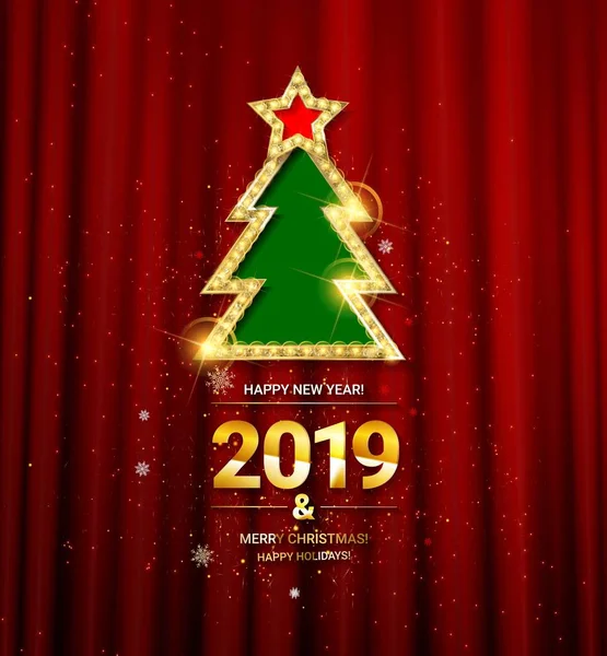 Vektor Illustration Von Frohem Neuen Jahr 2019 Weihnachtsbaum Auf Violettem — Stockvektor