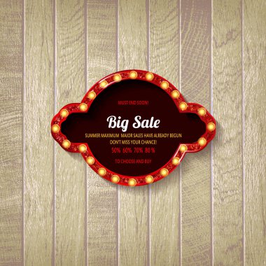 Retro sinema ampul işareti şekil - vintage eski tiyatro casino veya sirk hafif çerçeve başlık sayfası aydınlatılmış. Ahşap arka plan üzerinde. Vektör çizim