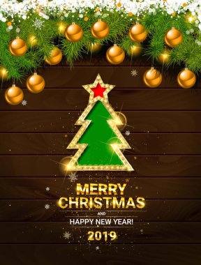 Noel ağacı kırmızı ve beyaz renklerde dekore edilmiştir. Mutlu Noeller ve mutlu Ney yıl 2019. Ahşap arka plan üzerinde. Vektör çizim