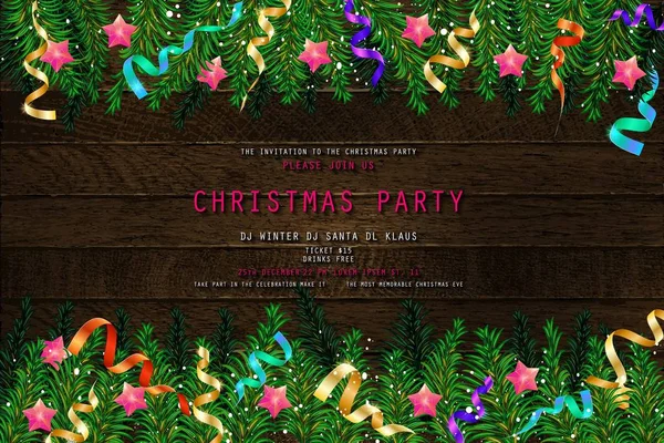 Invitation Christmas Party Wooden Background Tinsel Balls Vector Illustration — Stock Vector