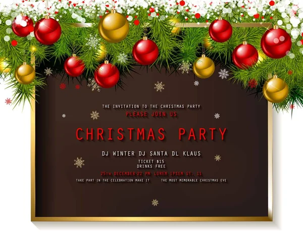 Inbjudan Till Julfest Trä Bakgrund Med Glitter Och Kulor Vektorillustration — Stock vektor