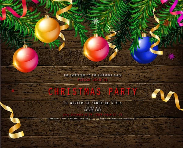 Invitation Christmas Party Wooden Background Tinsel Balls Vector Illustration — Stock Vector