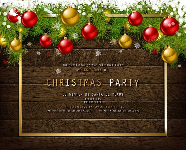 Πρόσκληση Χριστουγεννιάτικο Πάρτι Ξύλινα Φόντο Πούλιες Και Μπάλες Εικονογράφηση Διάνυσμα — Διανυσματικό Αρχείο