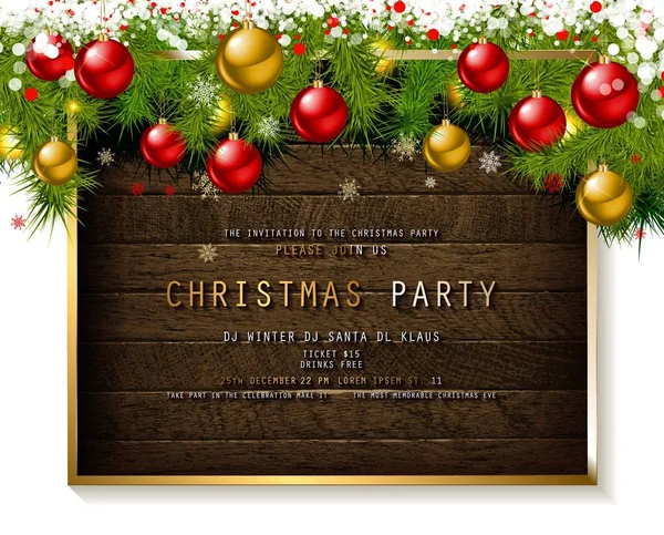 Talmi Golyó Fából Készült Háttér Karácsonyi Party Meghívást Vektoros Illusztráció — Stock Vector