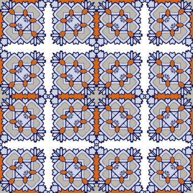 Muhteşem Dikişsiz desen beyaz mavi turuncu Fas, Portekiz fayans, Azulejo, süsler. Kullanılabilir duvar kağıdı, desen dolgularını, web sayfası arka planı, yüzey dokuları için. Vektör çizim