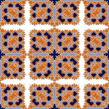Muhteşem Dikişsiz desen beyaz mavi turuncu Fas, Portekiz fayans, Azulejo, süsler. Kullanılabilir duvar kağıdı, desen dolgularını, web sayfası arka planı, yüzey dokuları için. Vektör çizim