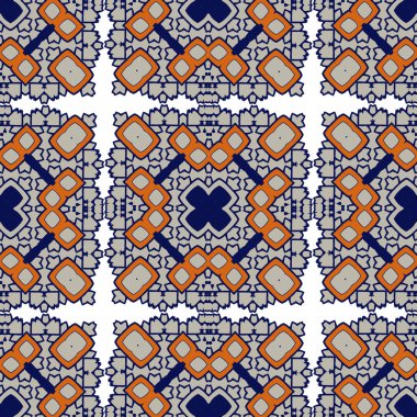 Muhteşem Dikişsiz desen beyaz mavi turuncu Fas, Portekiz fayans, Azulejo, süsler. Kullanılabilir duvar kağıdı, desen dolgularını, web sayfası arka planı, yüzey dokuları için. Vektör çizim