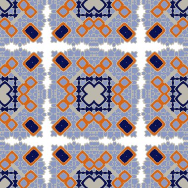 Muhteşem Dikişsiz desen beyaz mavi turuncu Fas, Portekiz fayans, Azulejo, süsler. Kullanılabilir duvar kağıdı, desen dolgularını, web sayfası arka planı, yüzey dokuları için. Vektör çizim