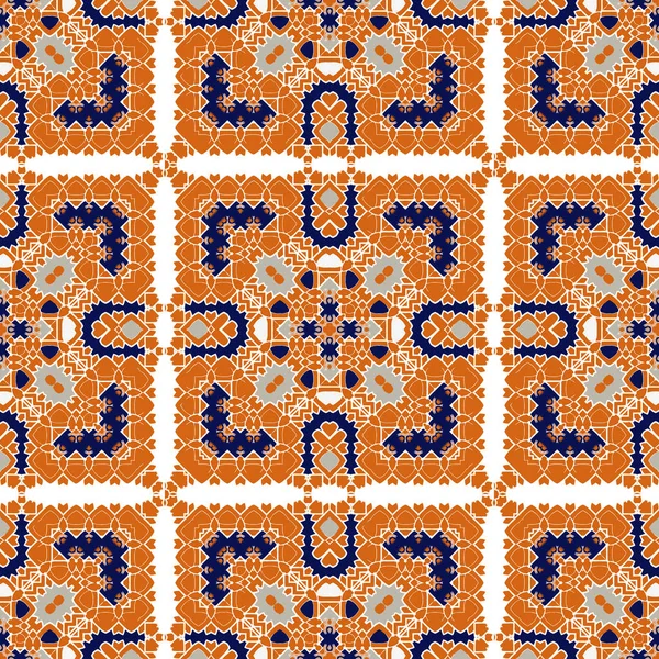 Prachtige Naadloze Patroon Wit Blauw Oranje Marokkaanse Portugese Tegels Azulejo — Stockvector