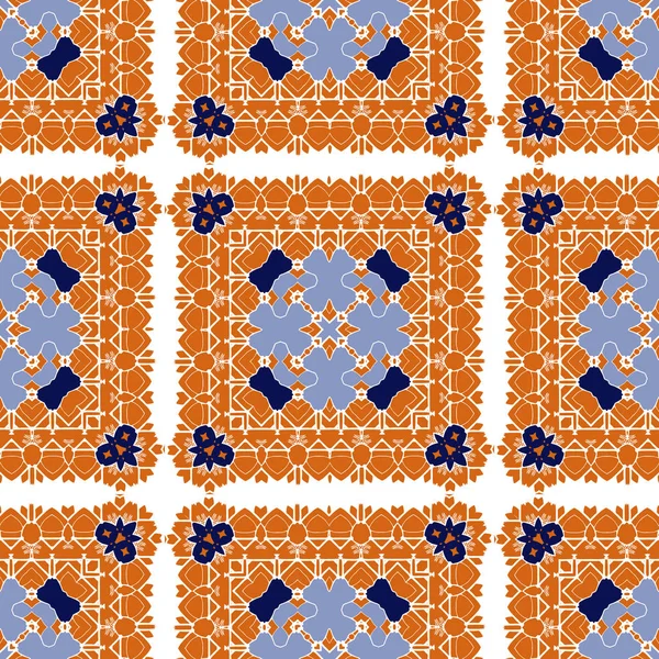 Gorgeous Seamless Pattern White Blue Orange Moroccan Portuguese Tiles Azulejo — Stock Vector
