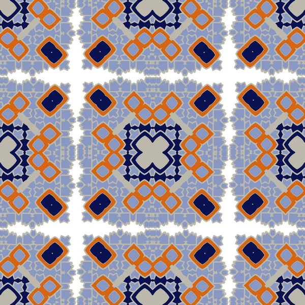 Vacker Sömlös Vit Blå Orange Marockanska Portugisiska Mönsterrutor Azulejo Ornament — Stock vektor