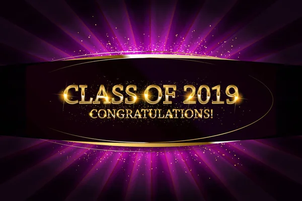 Class 2019 Congratulations Graduates Gold Text Golden Ribbons Dark Background — Stock Vector