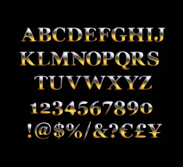 Buchstaben Zahlen Und Satzzeichen Des Alphabets Hochwertige Goldschrift Vektorillustration — Stockvektor