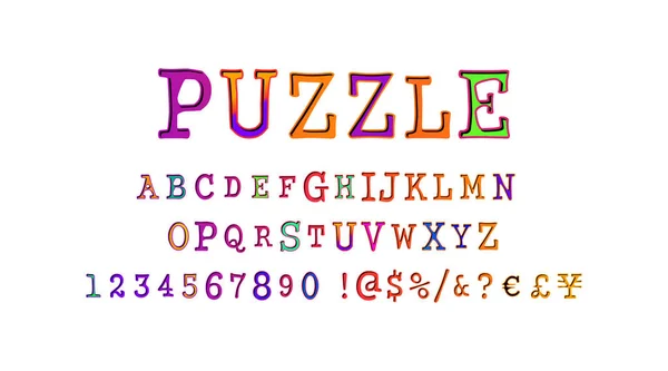 Puzzel Lettertype Puzzel Alfabet Cijfers Vectorillustratie — Stockvector