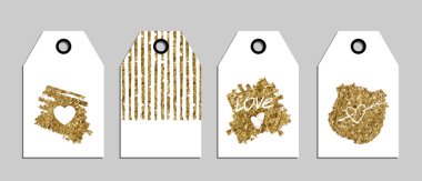 Altın glitter doku ile trendy davetiyeleri ayarlayın. Düğün, evlilik, Gelin, doğum günü, Sevgililer günü. İzole. Vektör