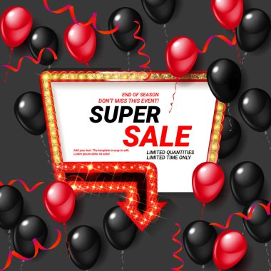 Özel Fırsat arka plan siyah ve kırmızı hava balonları ile kutlamak. Süper Satılık. Gerçekçi vektör hisse senedi tasarım Dükkanı ve satış afiş, açılış, parti el ilanı için. Vektör çizim