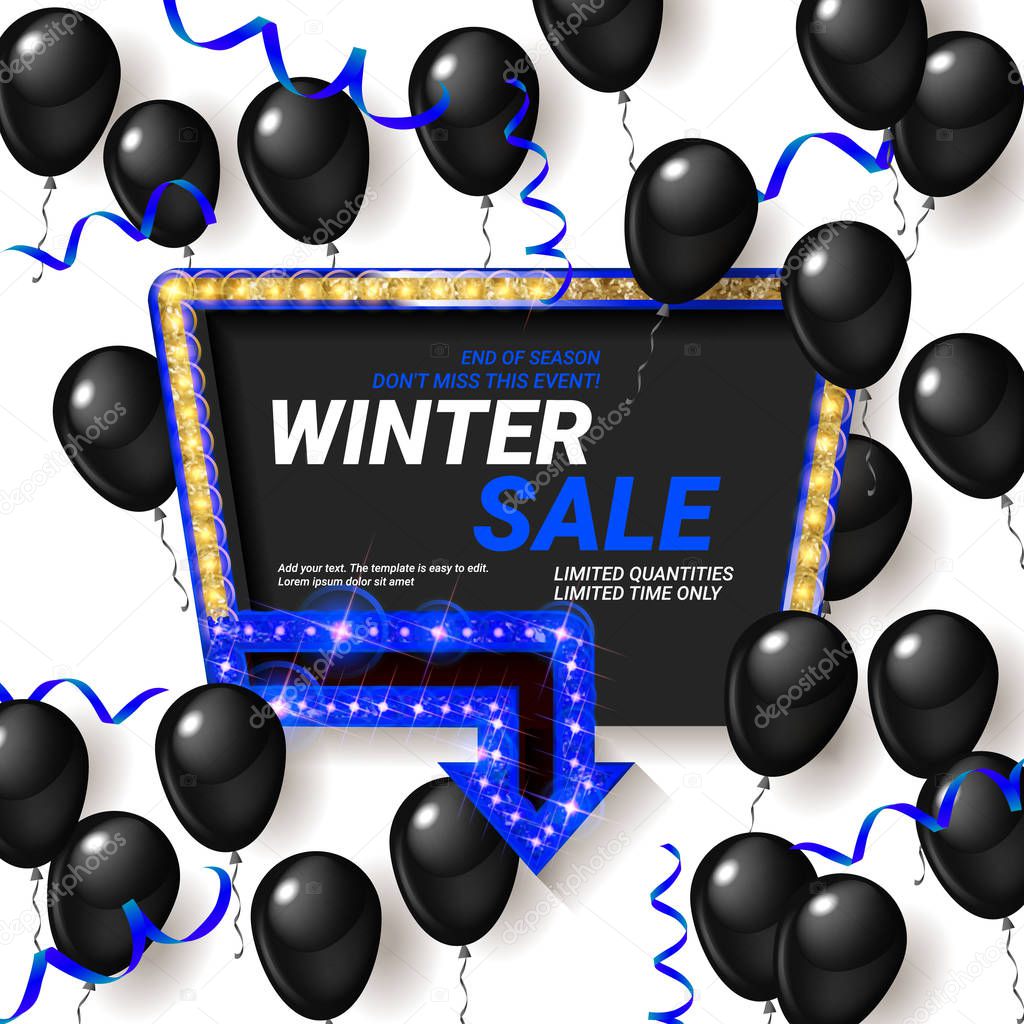 Special offer celebrate background with black and blue air balloons. Winter sale. Realistic vector stock design for shop and sale banners, grand opening, party flyer. Vector illustration