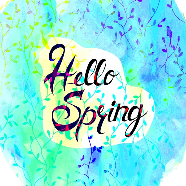 Hello Spring Lettering Brush Hand Drawn Beautiful Watercolor Background Leaves — Stock Vector