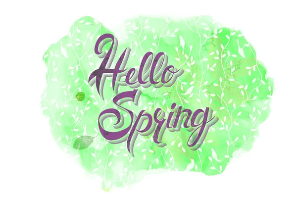 Hello Spring Belettering Met Groene Bladeren Geschilderd Met Waterverf Vector — Stockvector