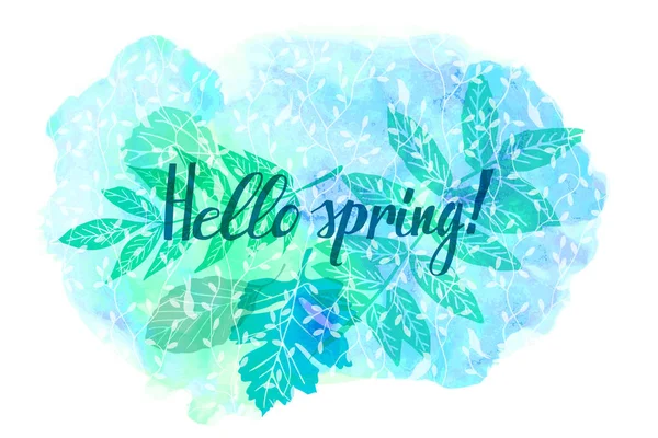 Lettrage Hello Spring Avec Des Feuilles Vertes Bleues Peintes Aquarelle — Image vectorielle