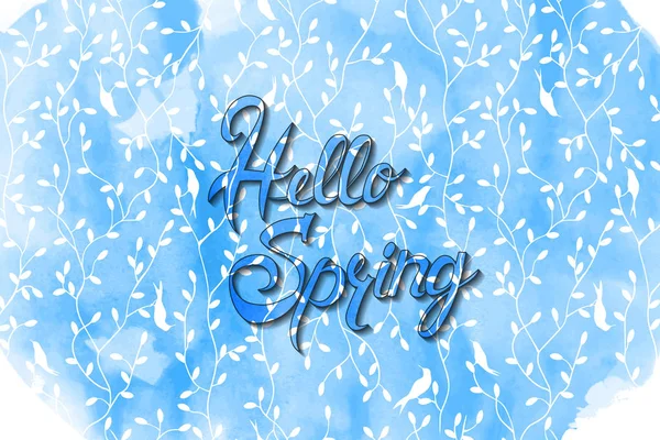 Hello Spring Lettering Green Blue Leaves Painted Watercolor Vector Ilolustration — Stock Vector