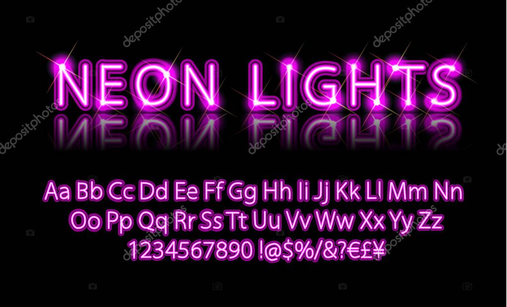 Neon lights. Bright Neon Alphabet Letters, Numbers and Symbols Sign in Vector. Night Show. Night Club.