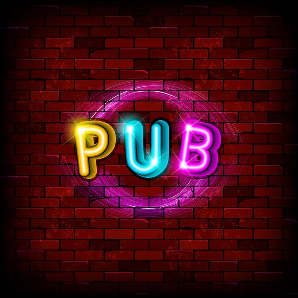 Text PUB in neon text with a brick wall background — Stock Vector