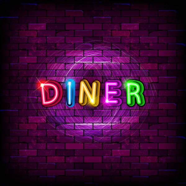 Diner neon sign on the brick wall — Stock Vector